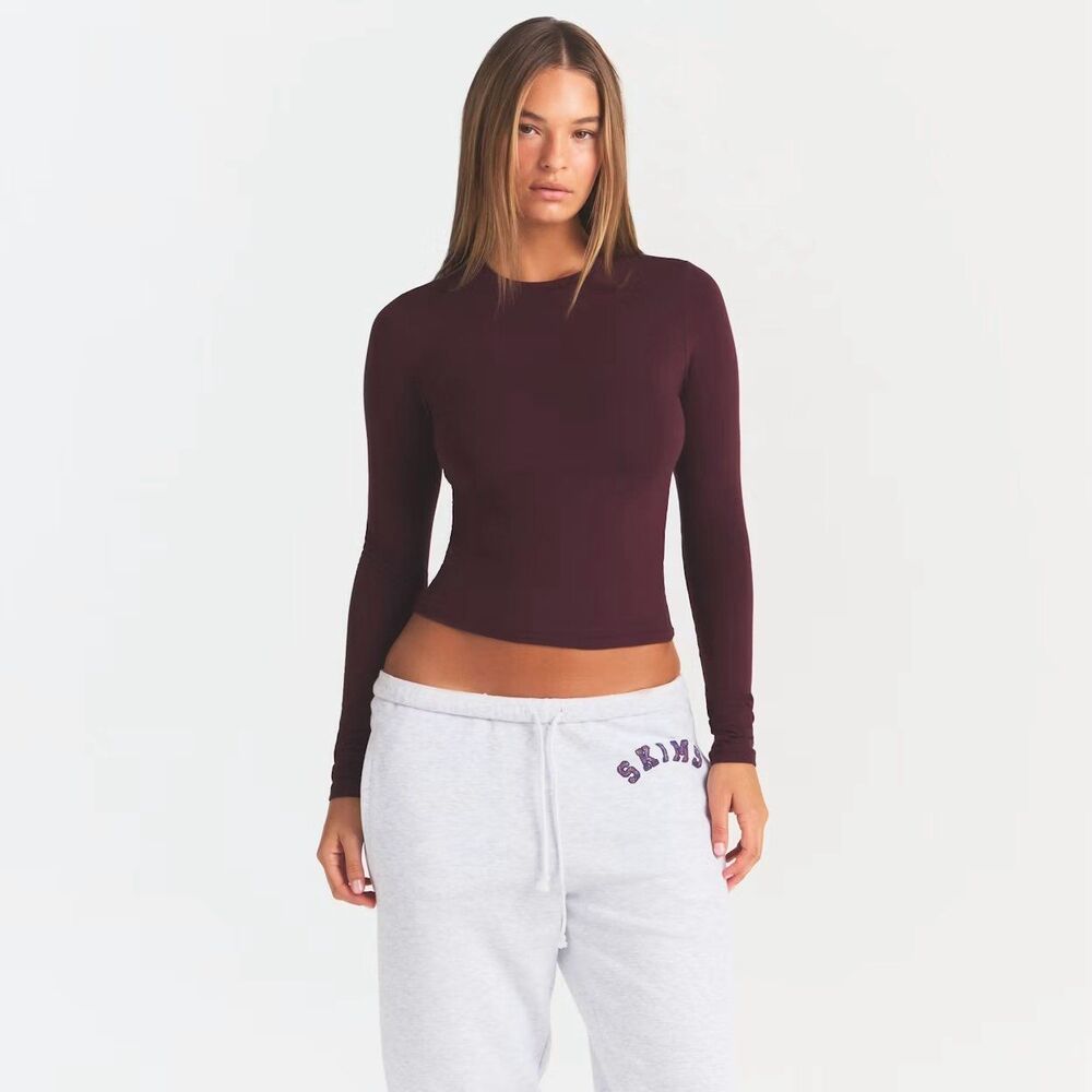 Skims Cotton Jersey Long Sleeve T-shirt Currant Size Small